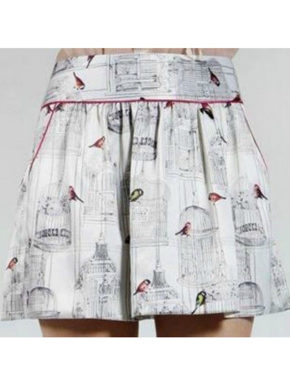 Ted Baker Cream Mini Skirt with Bird Print and Pink Trim